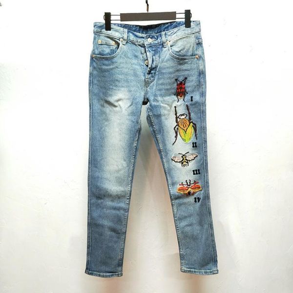 

20ss насекомых вышивка джинсами straight синий омывается джинсы мужчины женщины пара моды брюки повседневные брюки street охладить hfhlkz043, Blue