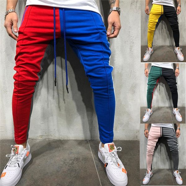 

mens vogue patchwork contrast color hip hop joggers pants male slim sportswear streetwear pencil harem pants trousers slacks, Black