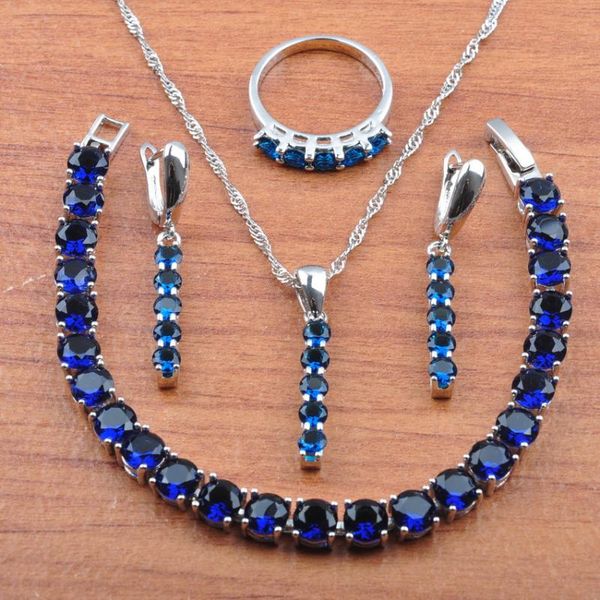 

birthday gift jewelry rose blue zirconia 925 sterling silver jewelry set earrings necklace pendant rings bracelet set js0405