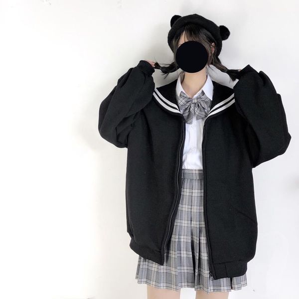

winter kawaii sweet girls oversized hoodie soft sister sailor collar sweatshirt women japanese zipper outerwear coat black blue