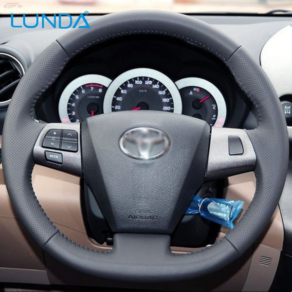 

lunda black leather hand-stitched car steering wheel cover for corolla 2011 2012 2013 rav4 2011 2012