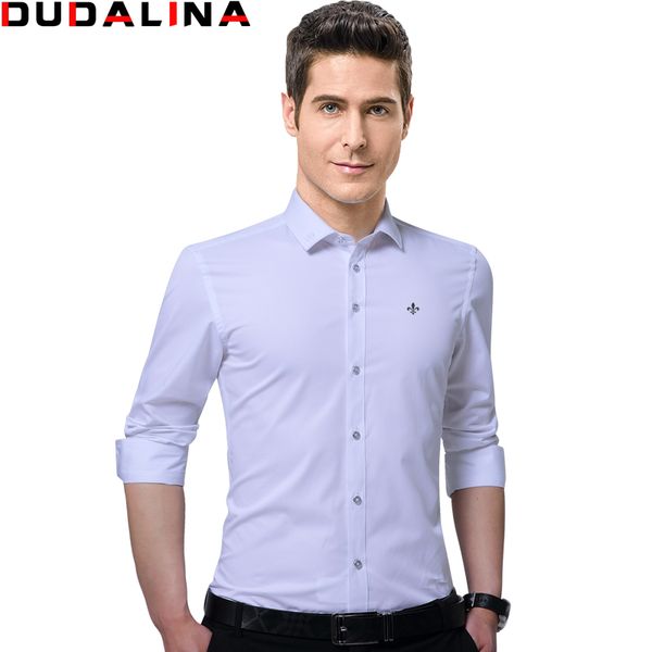 

dudalina 2017 new male shirts male long sleeved solid embroidery slim fit men's social business casual men shirt, White;black