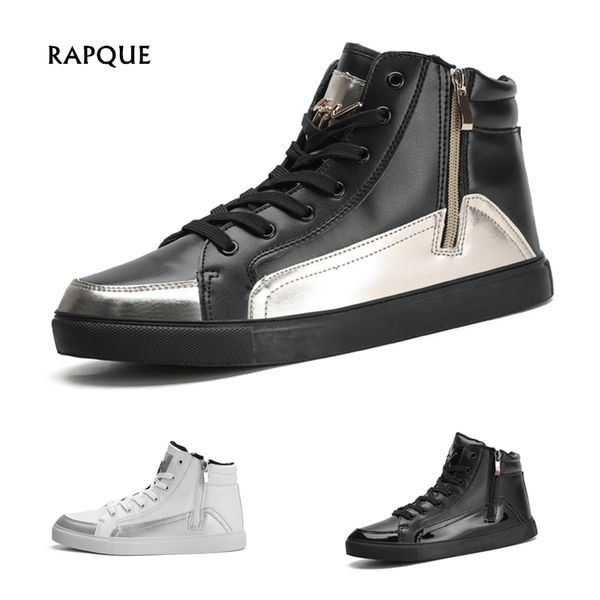 

high sneakers men pu leather shoes high ankle boots men brand mens casual sneakers waterproof lace up men's vulcanized shoes, Black