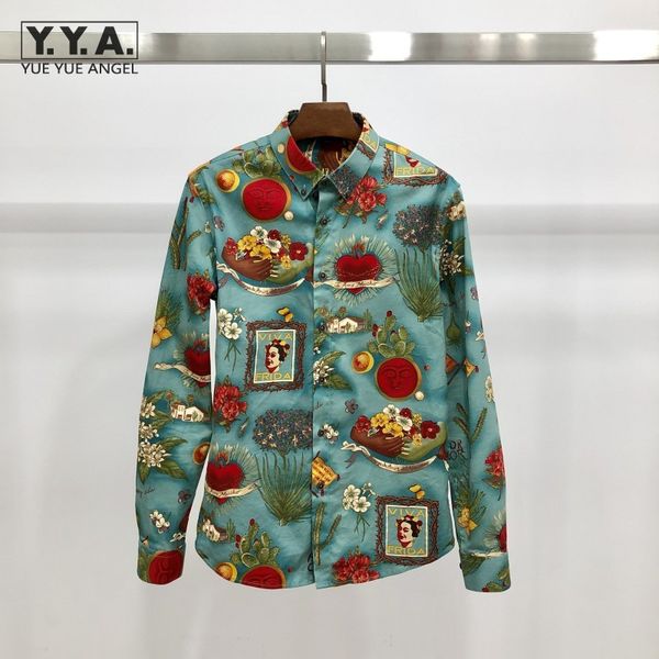 

vintage male green printed shirt gentlemen slim fit casual hawaiian long sleeve flower shirts fashion mens cotton shirts, White;black