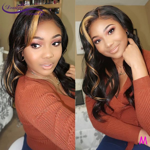 

ombre highlight color 13x6 lace front human hair wigs with baby hair 180% wavy ombre brazilian lace frontal wigs dream beauty, Black;brown