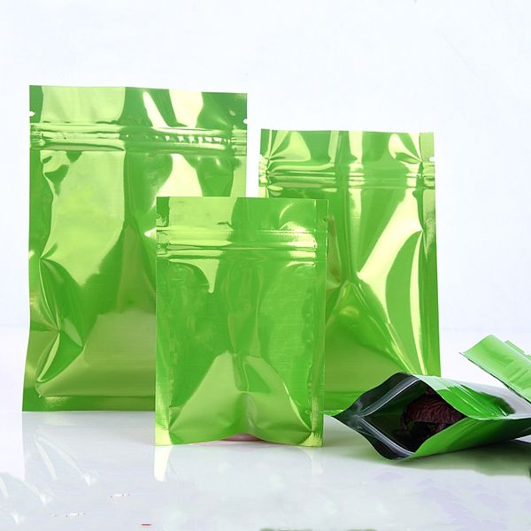 Sacchetti per imballaggio in Mylar con chiusura a zip lucida verde multi-dimensione Imballaggio a fondo piatto Borsa con cerniera in foglio di alluminio Conservazione degli alimenti per biscotti, snack di caramelle