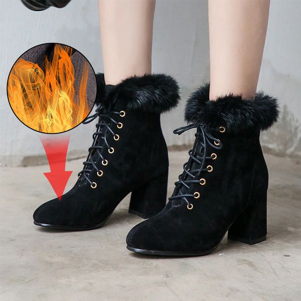 

plus size 34-46 winter casual women pumps warm ankle boots fur lace up high heels snow shoes botas muje new, Black