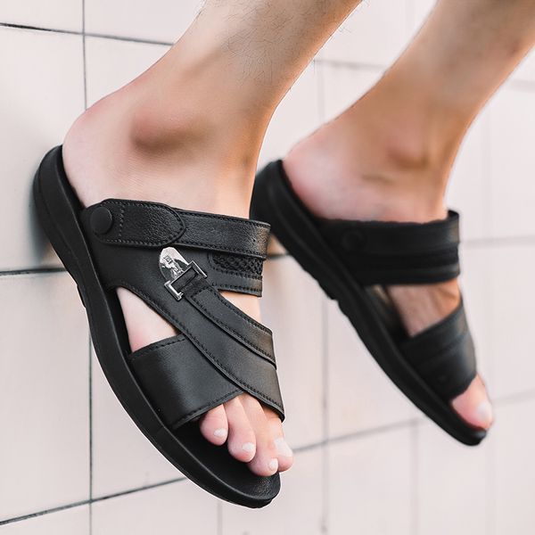 

two wear 2019 new summer men's leather business casual outdoor soft bottom non-slip comfortable outdoor sandals slippers, Black