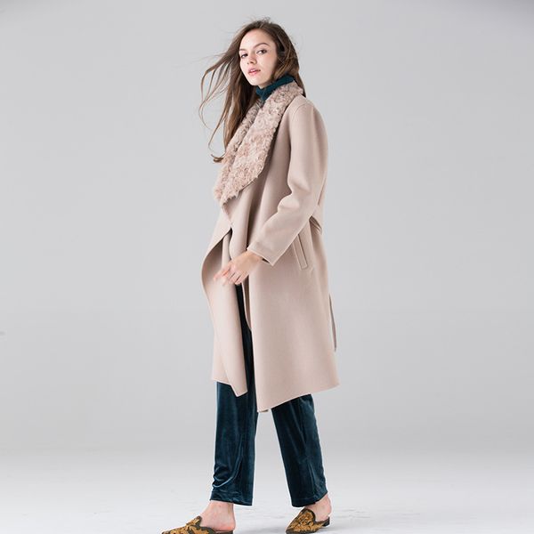

long woolen blends cashmere coats for women 2019 autumn winter ladies jackets plus size overcoats double sided beige fur collar, Black