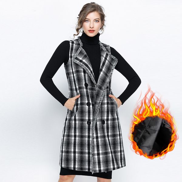 

ec.ms vest woolen middle length black and white check double-breasted thick cotton warm women vests trench coal, Black;white