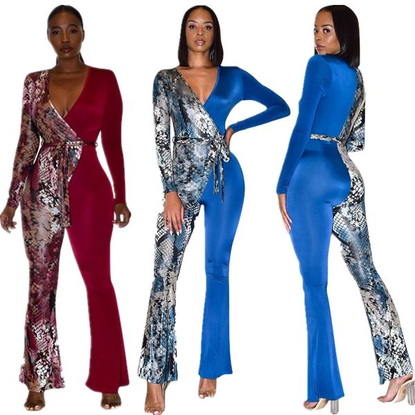 

club jumpsuit women long sleeves v neck snakeskin print patchwork club party evening bodycon long belted bandage jumpsuit rompers, Black;white