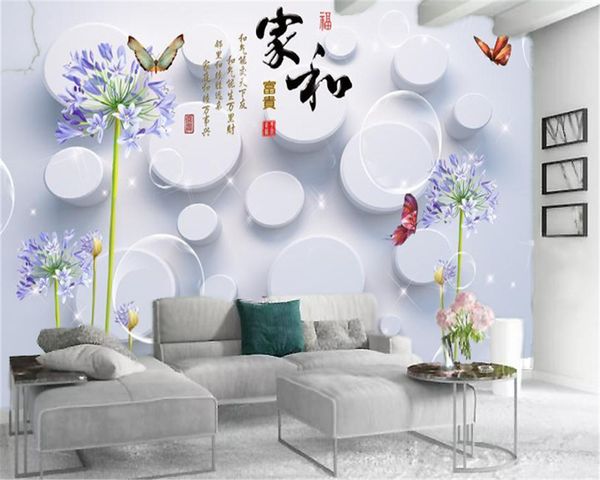 Living 3D-Tapete, exquisite lila Blumen und weiße Kugeln, wunderschöne romantische, hochwertige Seiden-Wandtapete