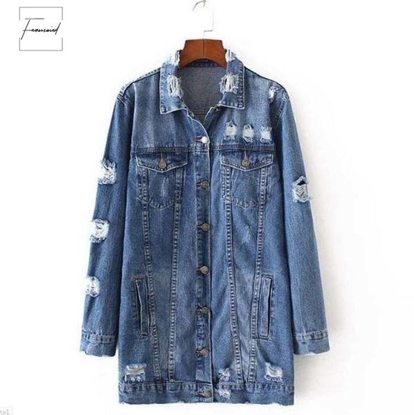 

denim jackets women hole boyfriend style long sleeve vintage spring jacket denim loose jean autumn denim regular coat jean, Black;brown