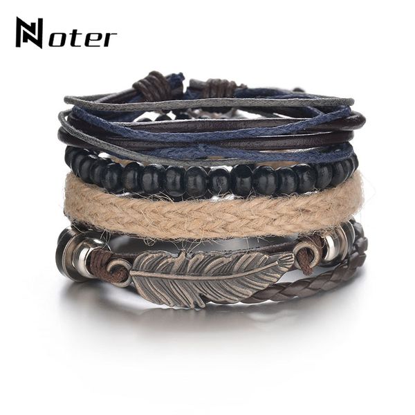 

vintage feather bracelet set charm multilayer braided adjustable wrap bracelet for men handmade wood bead braslet rope braclet, Golden;silver