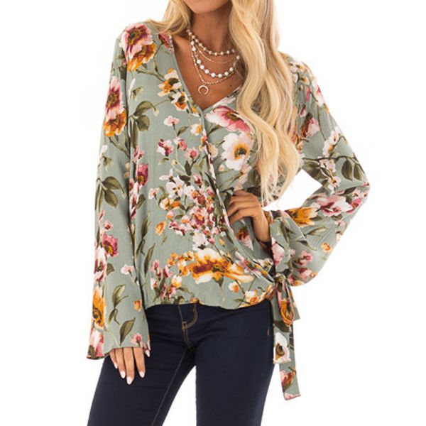 

feitong shirts women v-neck chiffon print casual shirt fashion long sleeve cotton soft shirt 2019, Black