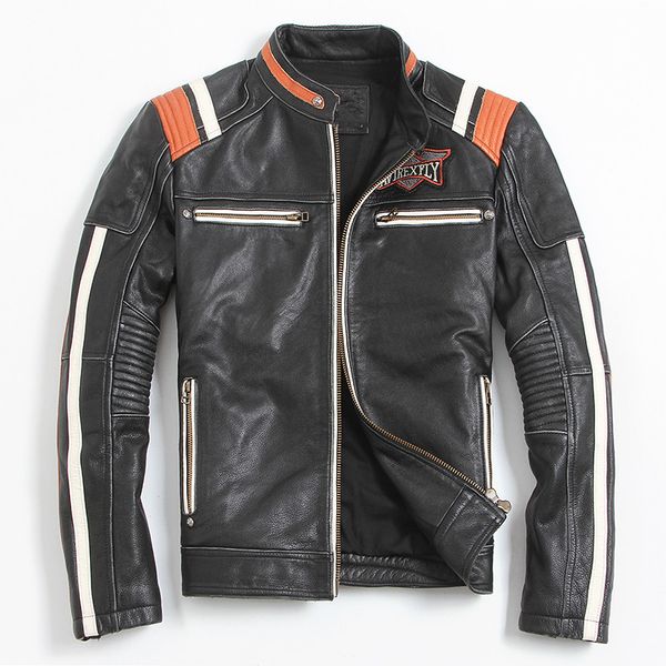 

vintage black men leather motorcyclist jacket skull embroidery plus size 3xl genuine cowhide short biker coat