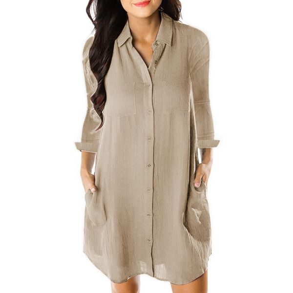 

summer dress women loose lapel vintage party night dress long sleeve beach boho dresses elegant button sundress, Black;gray