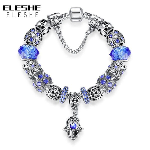 

eleshe antique silver color charm bracelet & bangle with blue zircon glass hamsa hand heart beads bracelet for women jewelry, Golden;silver