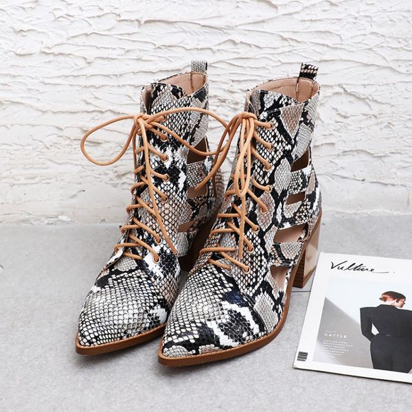 

us4-11 women pointed toe belt buckle serpentine pattern leather ankle boots cut out lace up chunky heel gladiator plus sz b194, Black