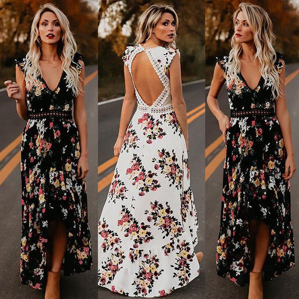 

2019 womens summer boho holiday beach dress ladies party maxi sleeveless backless vintage split black white floral printed dress, Black;gray