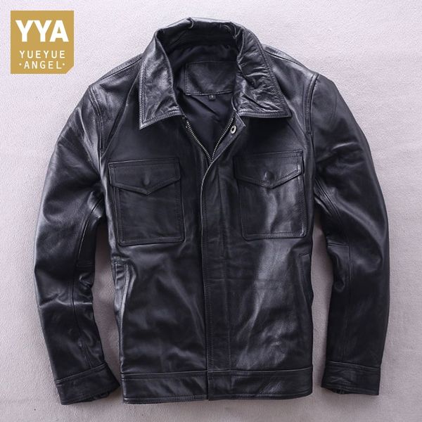 

роскошные мужчины коровья натуральная кожа мотоциклетная куртка улица slim fit молния повседневная короткая куртка весна осень верхняя одежд, Black;brown