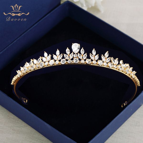 

bavoen sparkling zircon wedding dress hair accessories gold brides crowns tiaras plated crystal hairbands evening hair jewelry, Golden;white