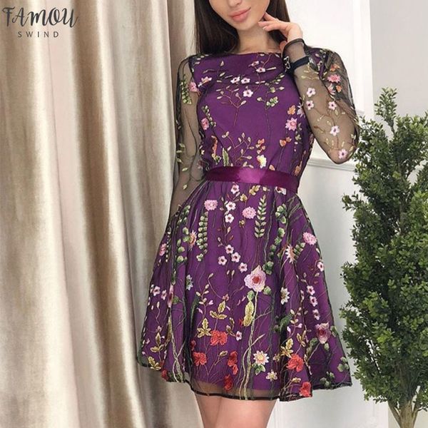 

transparent mesh dress floral embroidered mini dress women summer long sleeve bohemian plus size a line dresses vestidos, Black;gray