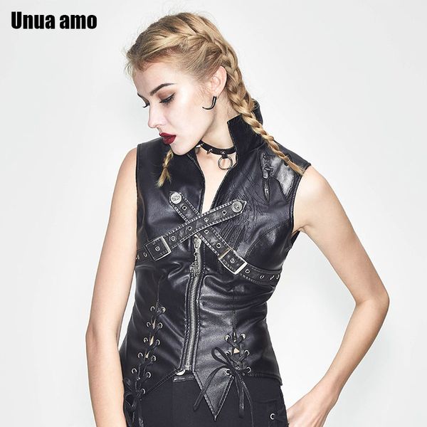 

unua amo faux leather sleeveless leather jacket female waistcoat 2020 streetwear steampunk rock motorcycle vest women, Black;white