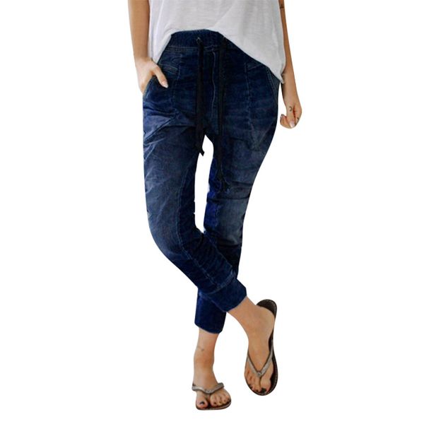 

ladies denim pants women summer casual pants fashion new plus loose denim casual drawstring plus jeans k1014, Blue