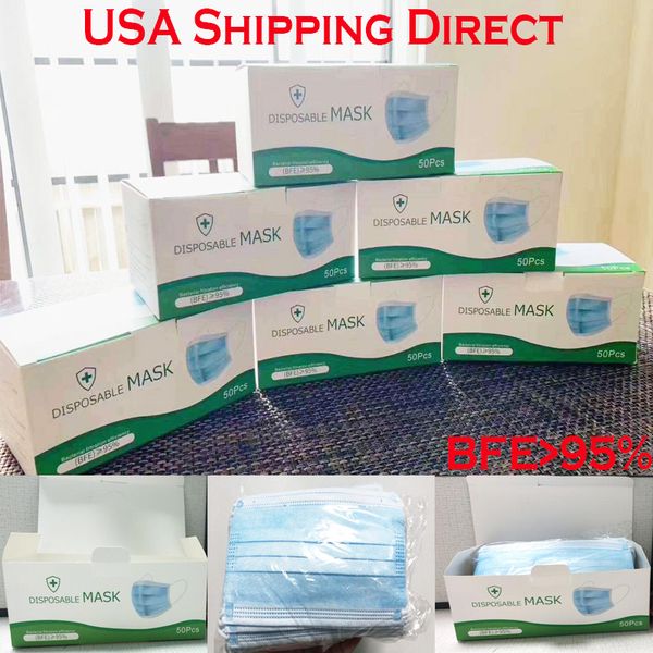 

min. order 1 lot usa shipping 3 ply disposable face masks meltblown 95% bfe only face masks 3 layer non woven earloops ce face mask