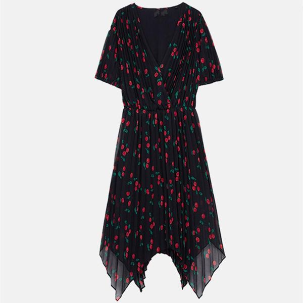 

women dress spring / summer 2020 dress fashion casual cherry print ruffled pleated midi, Black;gray