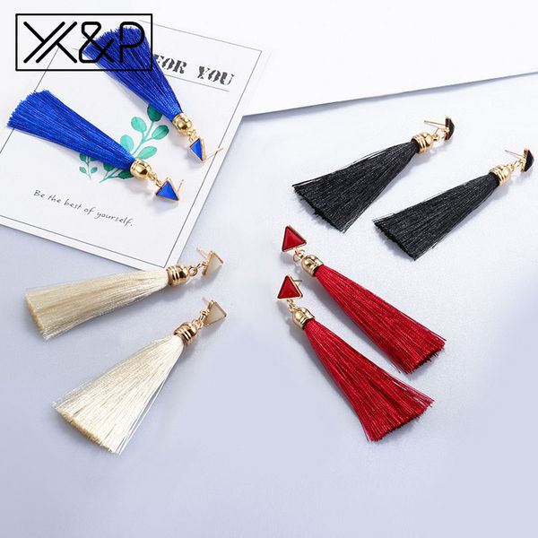 

x&p bohemian long tassel drop earrings for women fashion vintage red black blue white fringe dangle gold earring 2019 jewelry, Silver