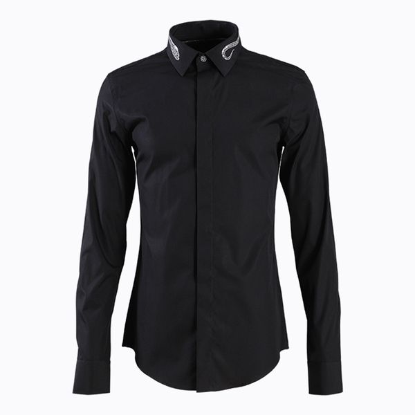 

hot-мужская -4xl змея вышивки воротник brand new мода solid color black white бизнес тонкий вскользь рубашка, White;black