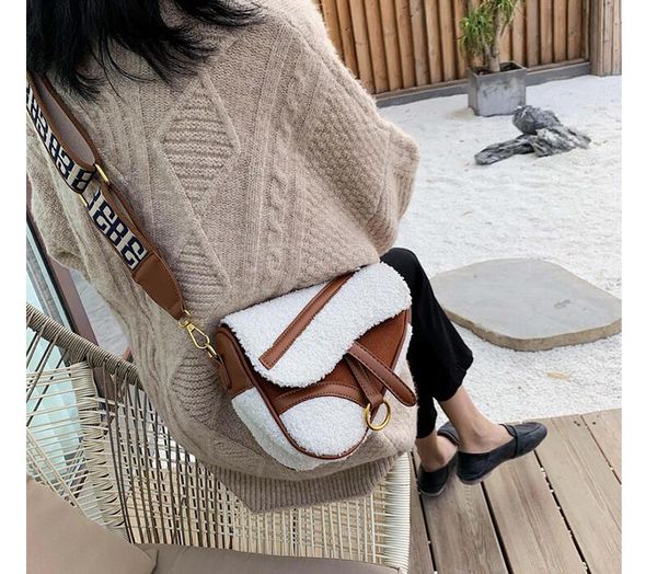 

locimole vintage french style women bags fashion lamb hair saddle bag wide shoulder strap crossbody bag bolso mujer