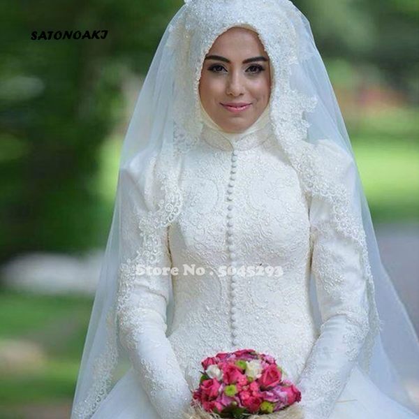 

arabic bridal gown islamic long sleeve muslim wedding dress arab ball gown lace hijab wedding dress 2020, White