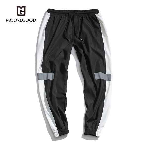 

mooregood new men jogger pants side stripe patchwork gyms pants men reflective label man hiphop harem masculino pantalones, Black