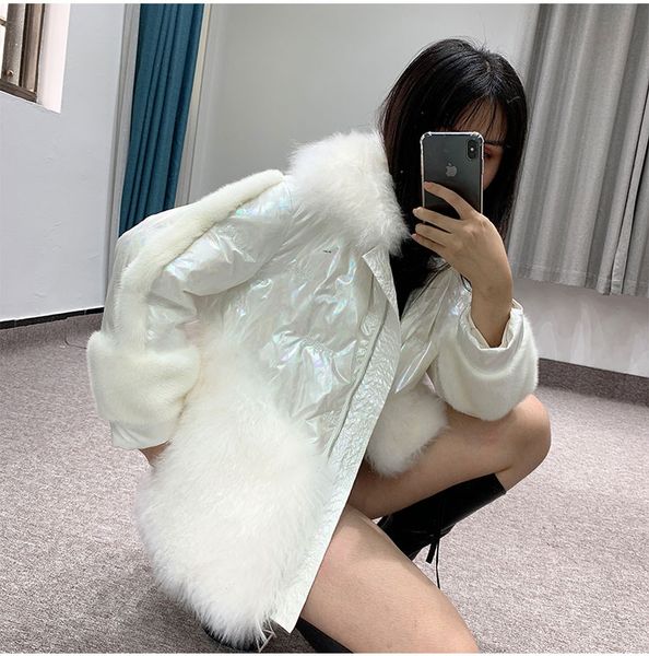 

laser down coat lamb fur fur one body 2019 new winter coat white duck down women's short, Black