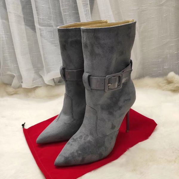 

new mid-calf suede leather strap buckle pointy toe women stiletto high heels winter boots, Black