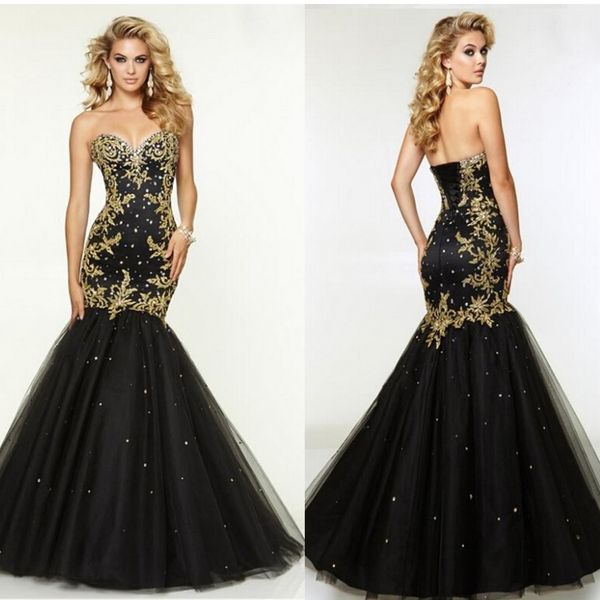 

black strapless evening dresses gold lace applique a line prom dresses tulle floor length women dress, Black;red