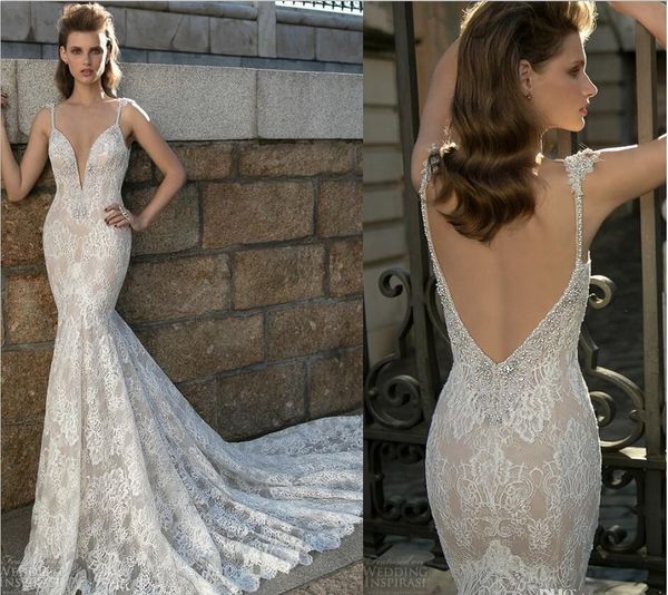 

berta mermaid wedding dresses deep v neck lace appliqued bridal gowns sparkly beading backless sweep train slim wedding dress, White