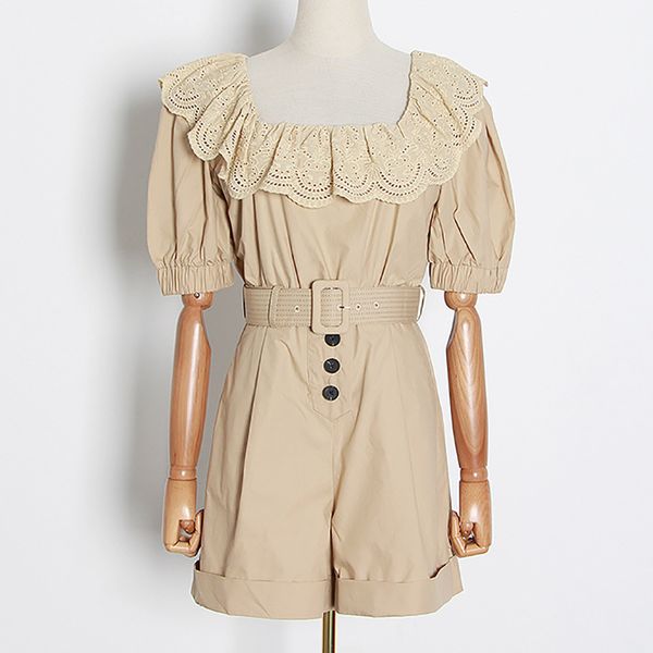 

seebeautiful playsuits female lace stitch square collar short sleeve expose back belt jumpsuit summer 2020 new fashion l056, Black;white