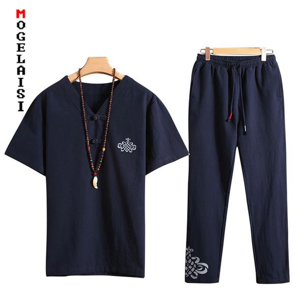 

new short sleeve casual set men 2pc+trousers 2019 summer tracksuits printed pattern soft set chinese style suit man a037-m010, Gray
