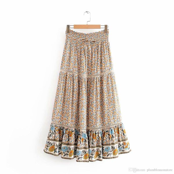 

women vintage boho long skirts 2020 plus size floral print ruffle maxi skirts summer ladies high waist holiday seaside bohemian beach skirt, Black
