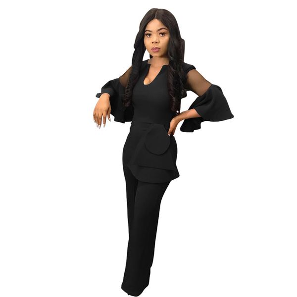 

мода комбинезон женщины комбинезон бинты sexy v шеи кружева flare рукавом повседневная клуб партия комбинезоны костюмы, Black;white