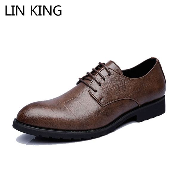 

lin king big size 48 men leather oxfords shoes lace up pointed toe business dress shoes low formal for wedding party, Black