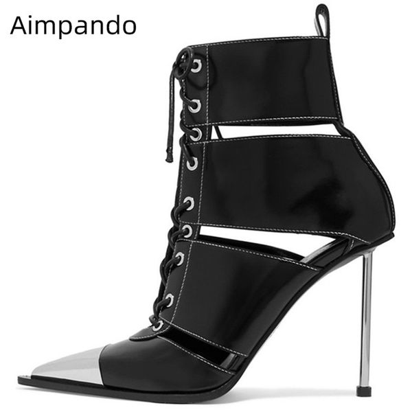 

fretworks woman boots metal point toe cross lace up ankle bottes metal high gladiator heel walking botas punk summer boots, Black