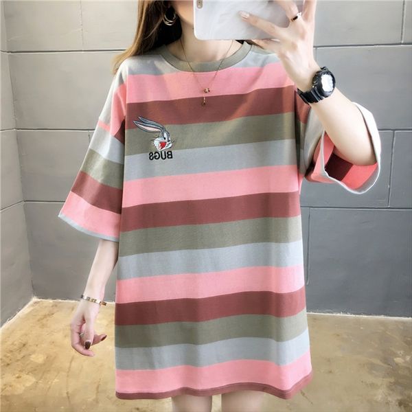 

с короткими рукавами 2020 мода сыпучие средней длины полосатые большой размер женщин одежда с короткими рукавами футболки 2020 моды футболки, White