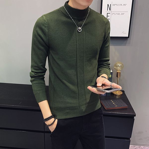 

2019 winter men's half high collar coats long sleeve woolen sweater male 5 color knitting slim fit pullover big size -3xl, White;black