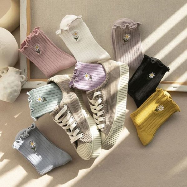 

women girl daisy floral embroidery ankle socks candy color ruffles cuffs ribbed vertical striped casual mid tube hosiery, Black;white
