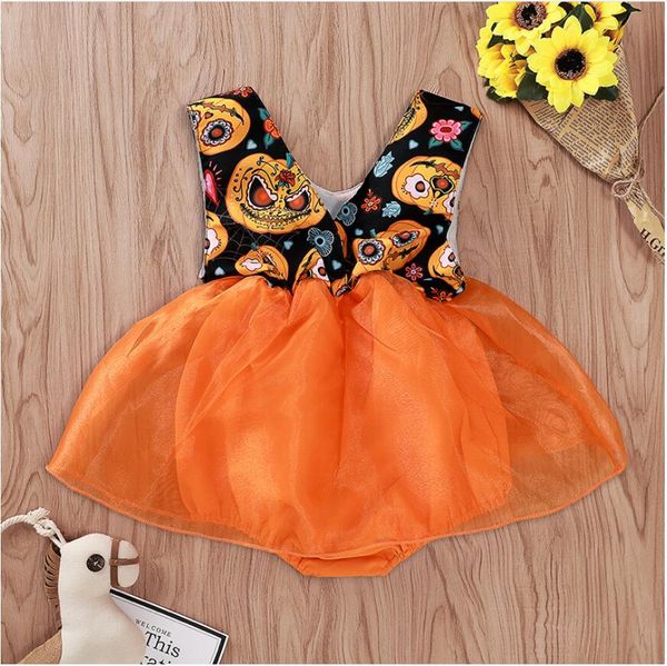 

girl halloween sleeveless pumpkin print romper baby halloween gauze jumpsuit kids cartoon clothes one piece zht 287, Blue